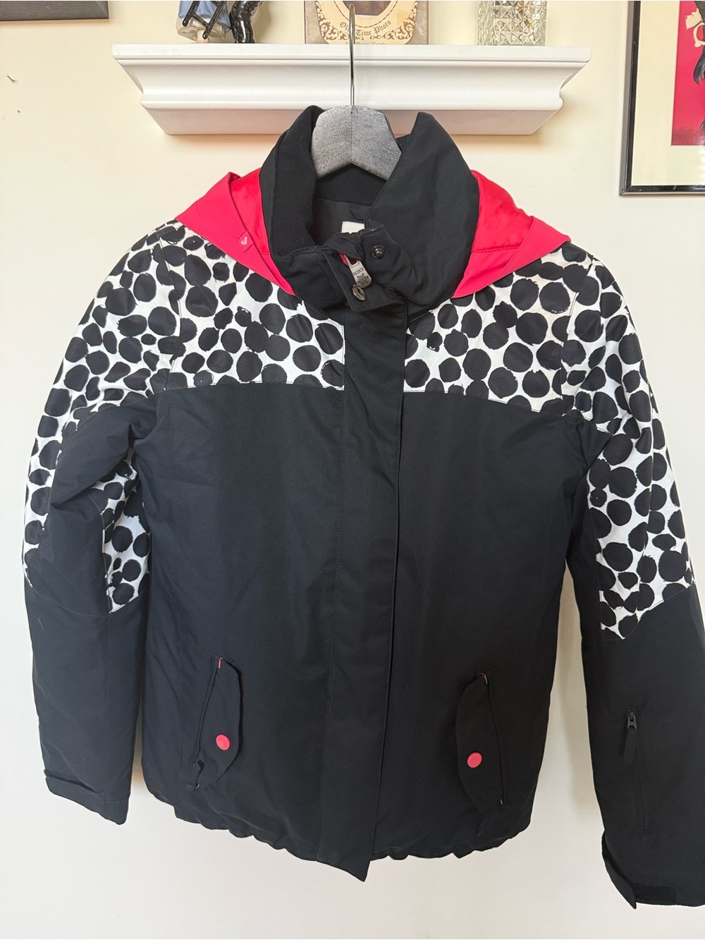 Roxy Kids Black Jacket with Polka Dot Shoulders and Coral Hood